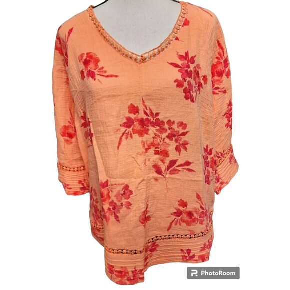 Soft Surroundings Tops - Soft Surroundings Orange Blouse Size PXL Cotton Crochet Accents